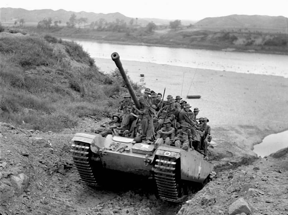 View across the river towards the hills during wartime
